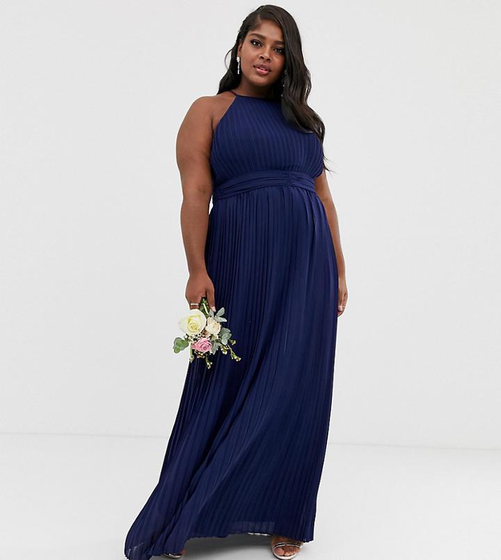 Tfnc Plus Bridesmaid Exclusive High Neck Pleated Maxi Dress In Navy