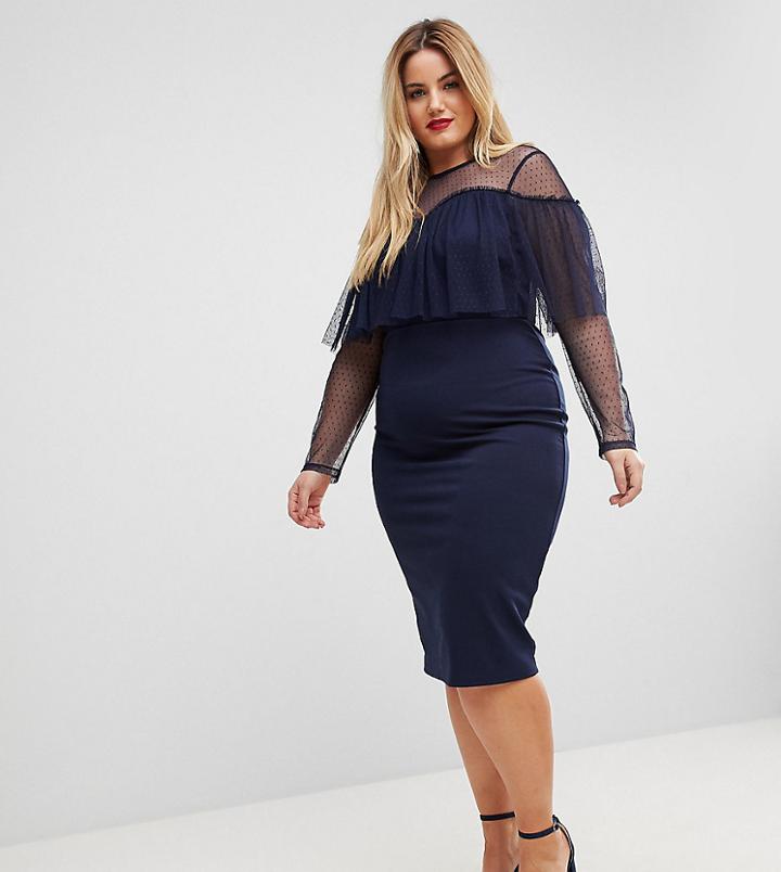 Asos Curve Dobby Long Sleeve Ruffle Bodycon Midi Dress - Navy