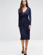Asos Pencil Wrap Dress With Lace Hem And Lace Insert - Navy