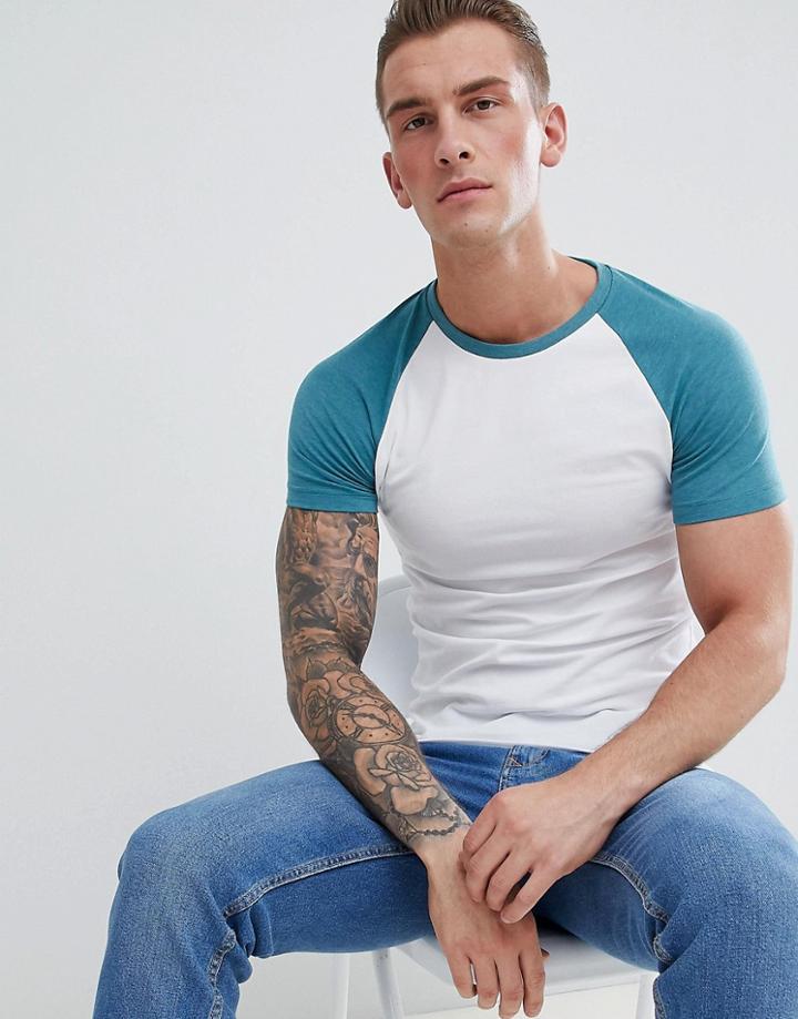 Asos Design Muscle Raglan T-shirt With Contrast Sleeves In Blue - Multi