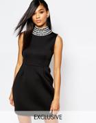 Rare London Mini Dress With Crystal High Neck - Black