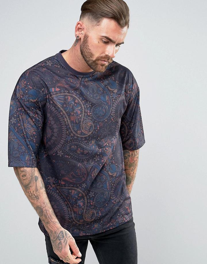 Asos Oversized T-shirt With All Over Paisley Print - Navy