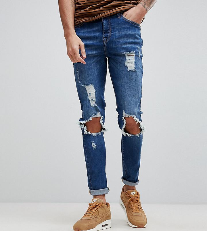 Brooklyn Supply Co Muscle Fit Jeans With Rip And Repair - Blue