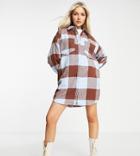 Collusion Brushed Check Mini Shirt Dress In Brown And Blue-multi