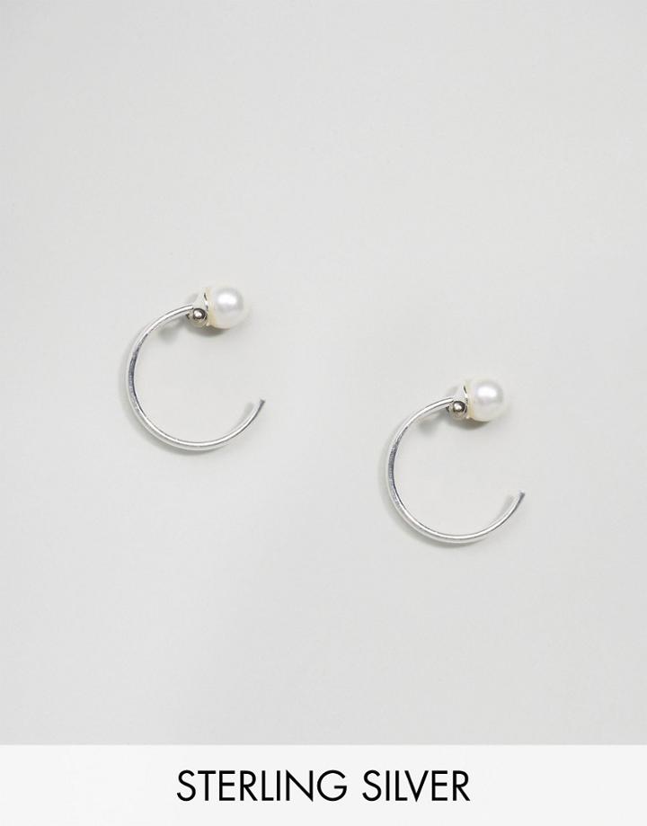 Asos Sterling Silver Pearl Open Hoop Earrings - Silver