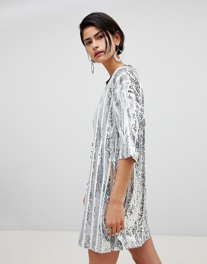 Ragyard Stripe Sequin T-shirt Dress - Silver