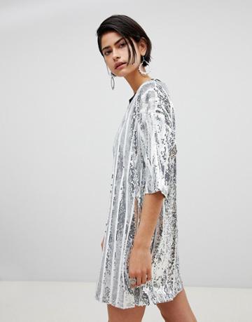 Ragyard Stripe Sequin T-shirt Dress - Silver