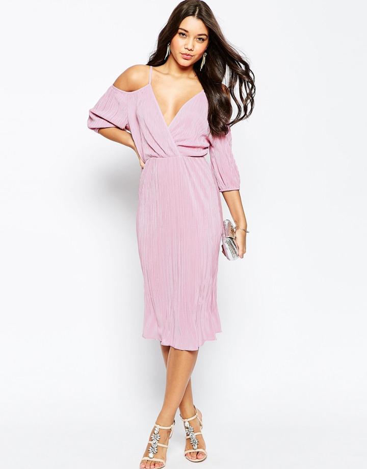 Asos Cold Shoulder Plisse Pleated Midi Dress - Dusty Pink