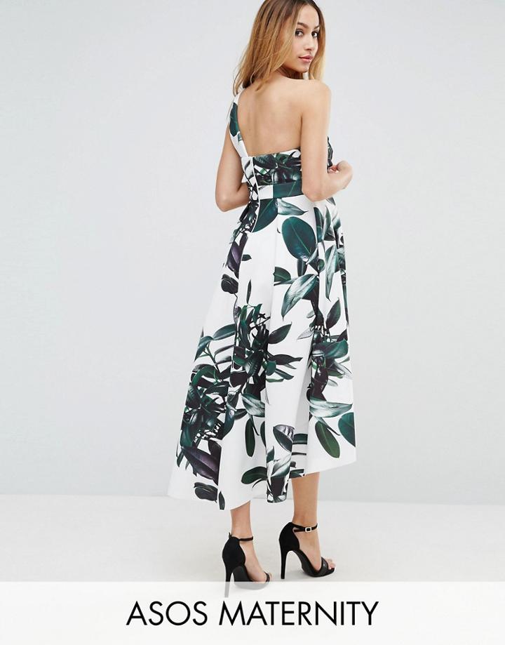 Asos Maternity Scuba Palm Print Dip Back One Shoulder Midi Dress - Multi