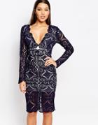 Love Triangle V Neck Midi Dress In All Over Lace - Navy