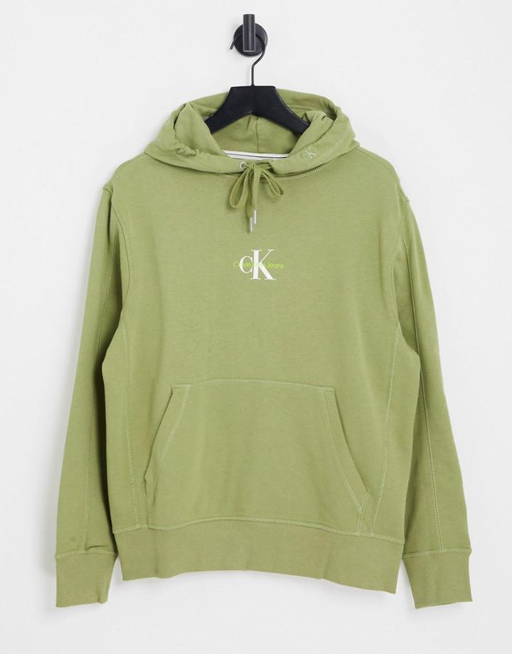 Calvin Klein Jeans Small Monogram Logo Hoodie In Green