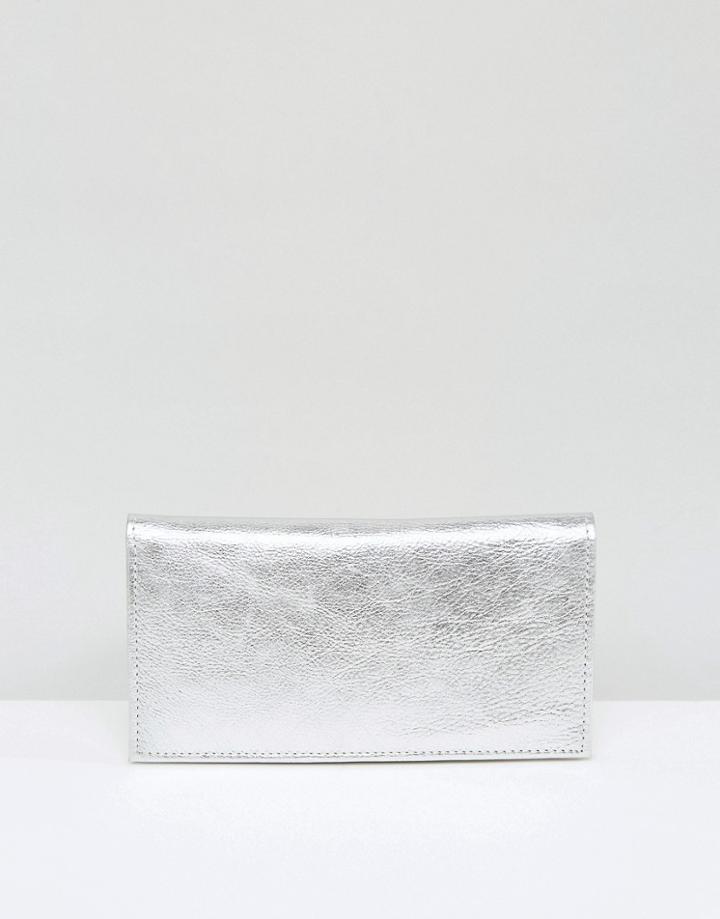 Asos Leather Slim Metallic Foldover Purse - Silver