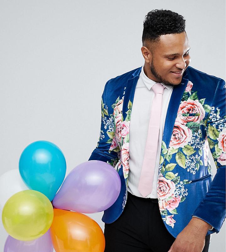 Asos Plus Super Skinny Suit Jacket In Velvet With Teal Floral Print - Blue