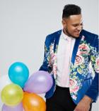 Asos Plus Super Skinny Suit Jacket In Velvet With Teal Floral Print - Blue