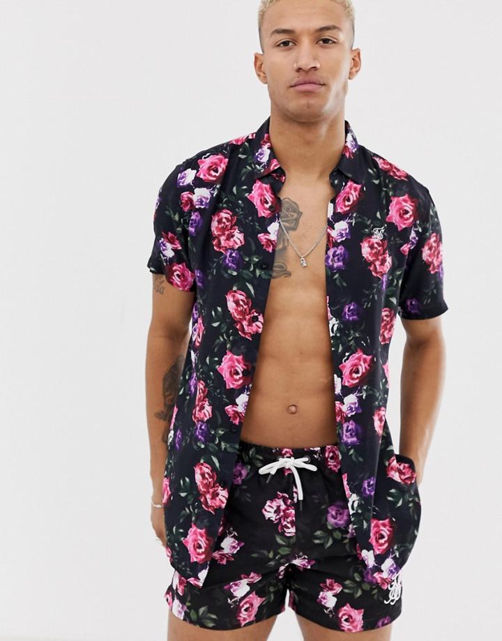 Siksilk Short Sleeve Shirt In Floral Print-black