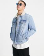 River Island Denim Jacket With Borg Collar In Blue-blues