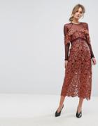 Three Floor Midi Dress In Crochet Lace With Mesh Sleeves - Orange