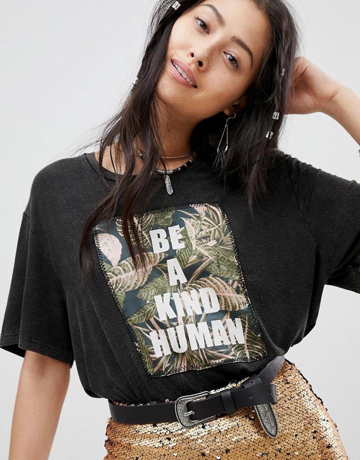 Native Rose Relaxed T-shirt With Be Kind Embroidered Panel - Black