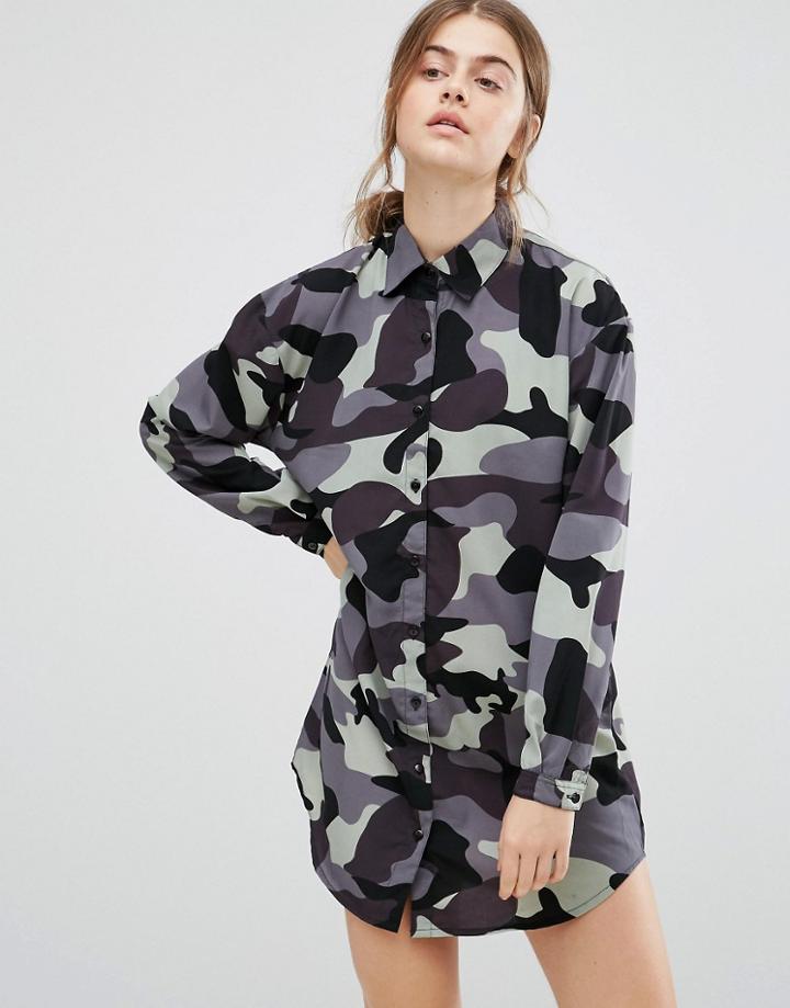 Daisy Street Shirt Dress In Camo - Gray
