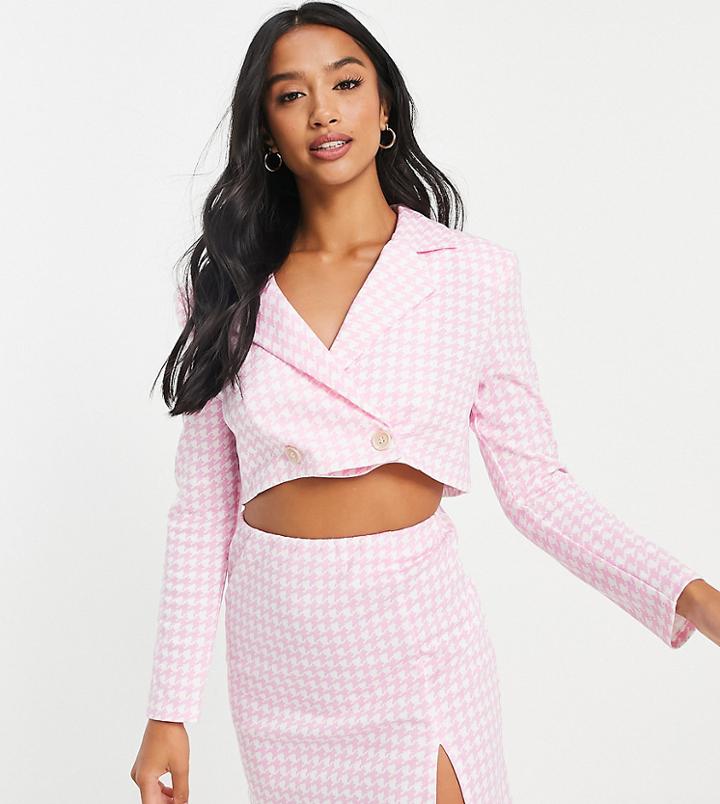 Asos Design Petite Jersey Suit Crop Blazer In Pink Houndstooth-multi