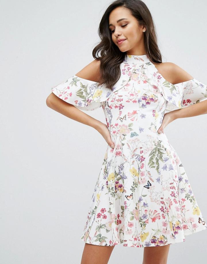 Miss Selfridge Cold Shoulder Ruffle Floral Dress - Multi