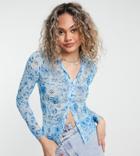 Collusion Blurred Floral Print Mesh Shirt In Aqua-blue
