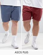 Asos Plus 2 Pack Slim Chino Shorts In Burgundy & Blue Save - Multi