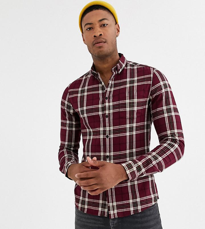 Asos Design Tall Slim Stretch Check Shirt In Burgundy