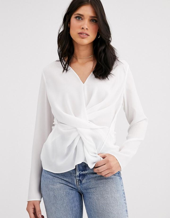 Asos Design Long Sleeve V Neck Top With Twist Drape Front-white