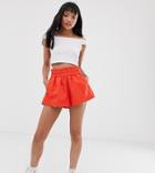 Asos Design Petite Denim Short With Gathered Waist Detail In Red - Red