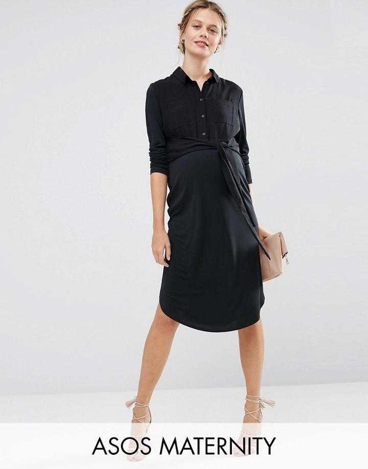 Asos Maternity Midi Shirt Dress With Tie Front - Gray