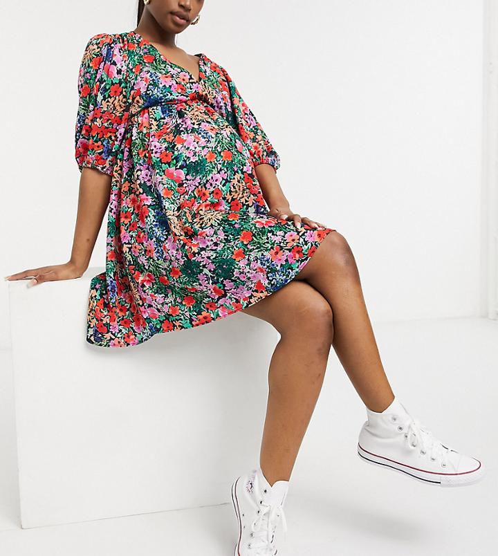 Topshop Maternity Volume Sleeve Mini Dress In Multi