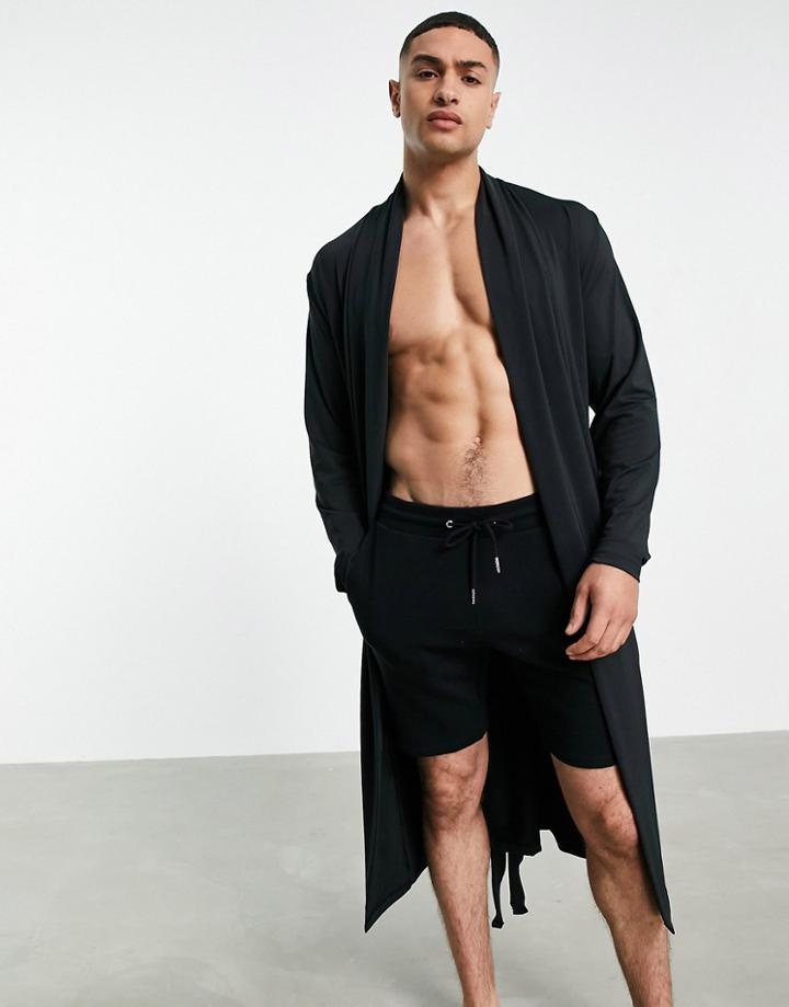Asos Design Set Microfibre Dressing Gown In Black