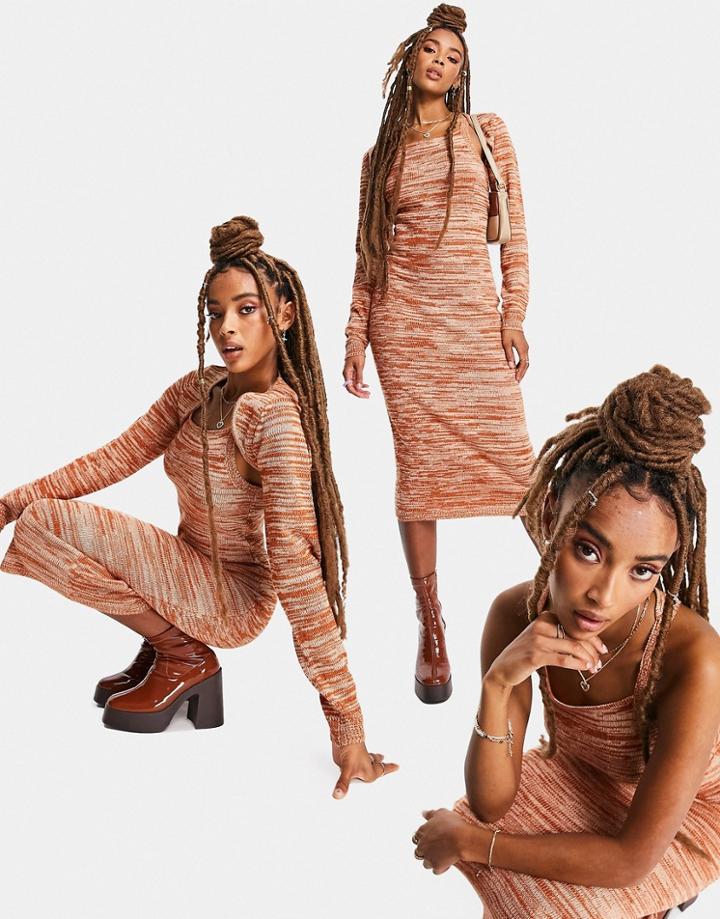 Asos Design Knitted Midi Dress With Shrug In Space Dye Yarn-orange