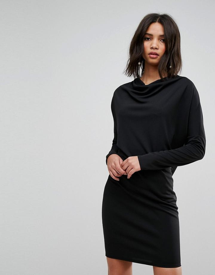 Asos Crepe Column Dress With Drape Shoulder & Batwing Sleeves - Black