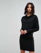 Asos Crepe Column Dress With Drape Shoulder & Batwing Sleeves - Black
