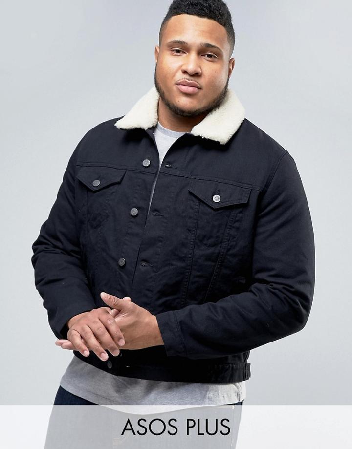 Asos Plus Denim Jacket With Fleece Collar In Black Wash - Black