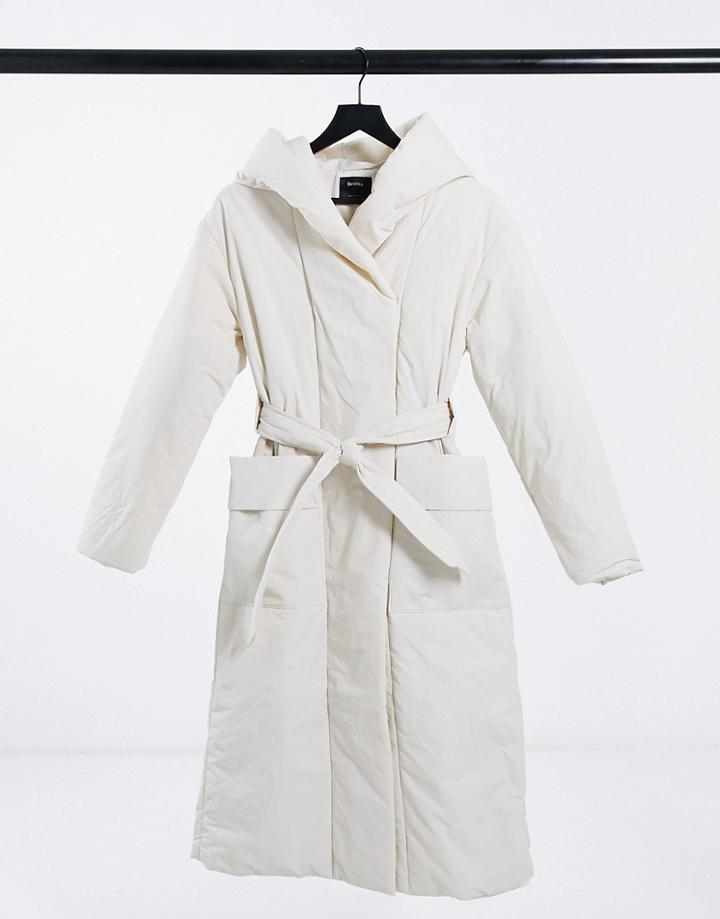 Bershka Longline Belted Padded Puffer Coat In Ecru-white