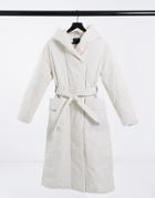 Bershka Longline Belted Padded Puffer Coat In Ecru-white