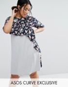 Asos Curve Casual Shift Dress With Floral Ruffle - Multi
