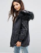 Pull & Bear Faux Fur Hooded Parka - Silver