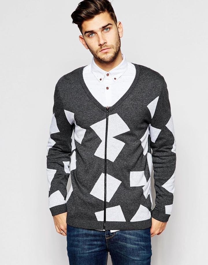 Asos Zip Through Cardigan With Square Design - Gray