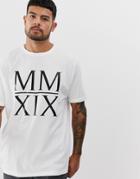 Asos Design Organic Cotton Relaxed T-shirt With Roman Numerals Glossy Print And Roll Sleeve-white