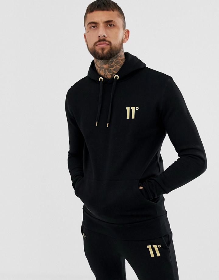 11 Degrees Hoodie In Black With Gold Logo - Black