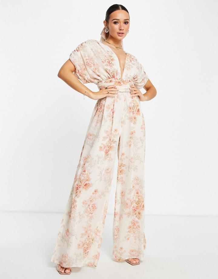 Asos Design Plunge Wide Leg Jumpsuit In Wallpaper Floral With Headscarf-multi