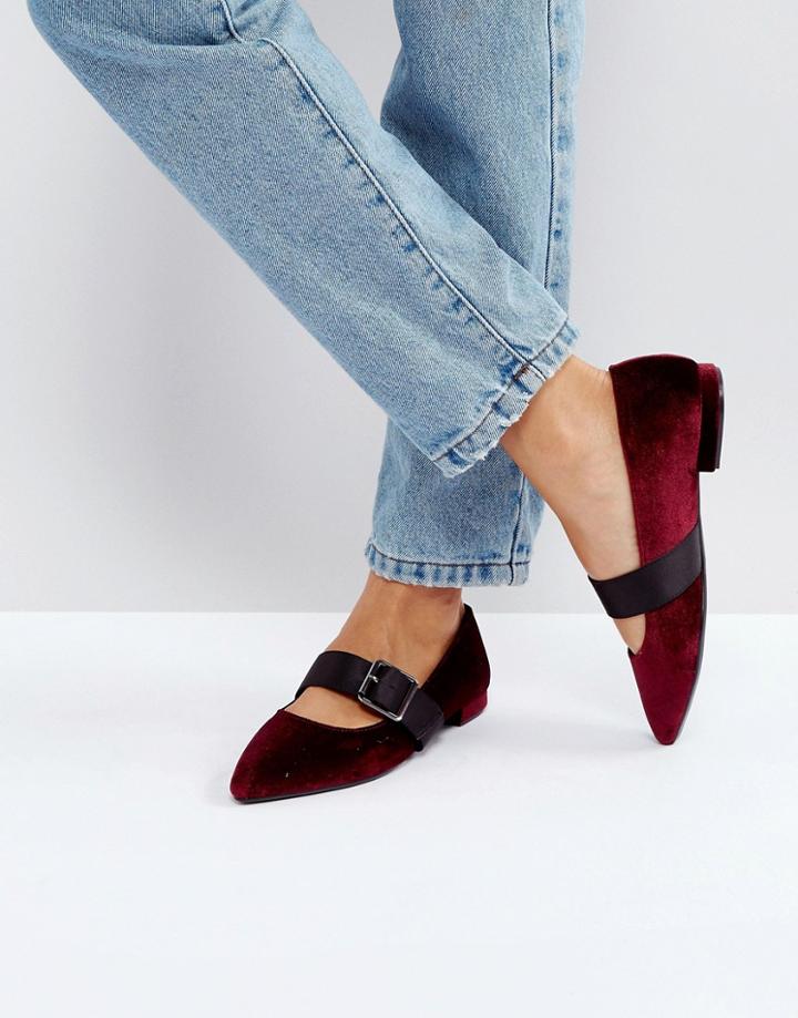 Bershka Velvet Buckle Flat Shoe - Red