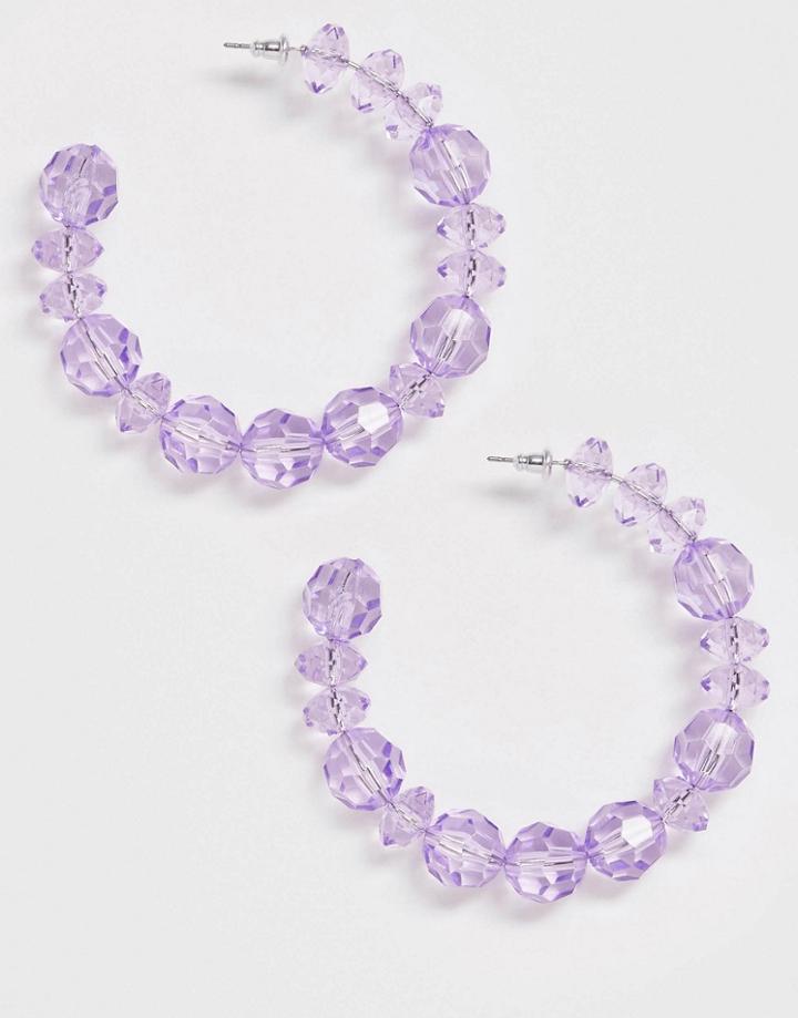 Asos Design Beaded Hoop Earrings In Purple - Purple