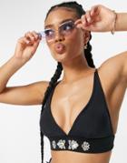 River Island Jewel Embellished Bikini Top In Black