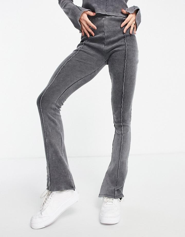 Asos Design Flare Pants In Rib In Washed Black - Part Of A Set