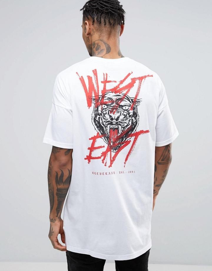 Asos Oversized Super Longline T-shirt With Tiger Print And Roll Sleeve - White